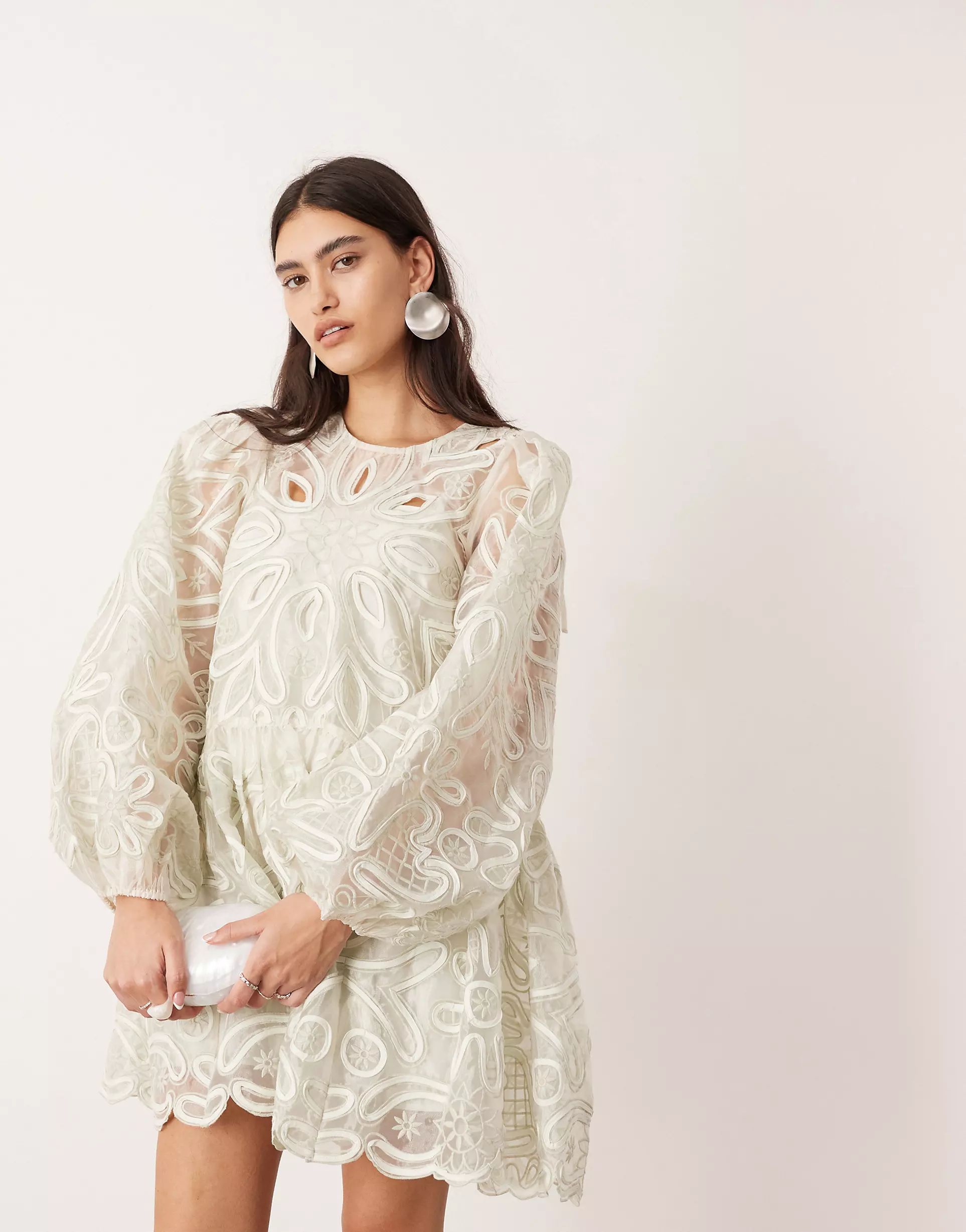 ASOS EDITION floral cutwork embroidered organza mini dress in sage green | ASOS (Global)