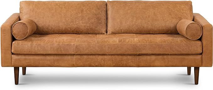 POLY & BARK Cognac Tan Brown Leather Couch - 88.5" Mid Century Leather Sofa with 2 Bolsters - Ful... | Amazon (US)