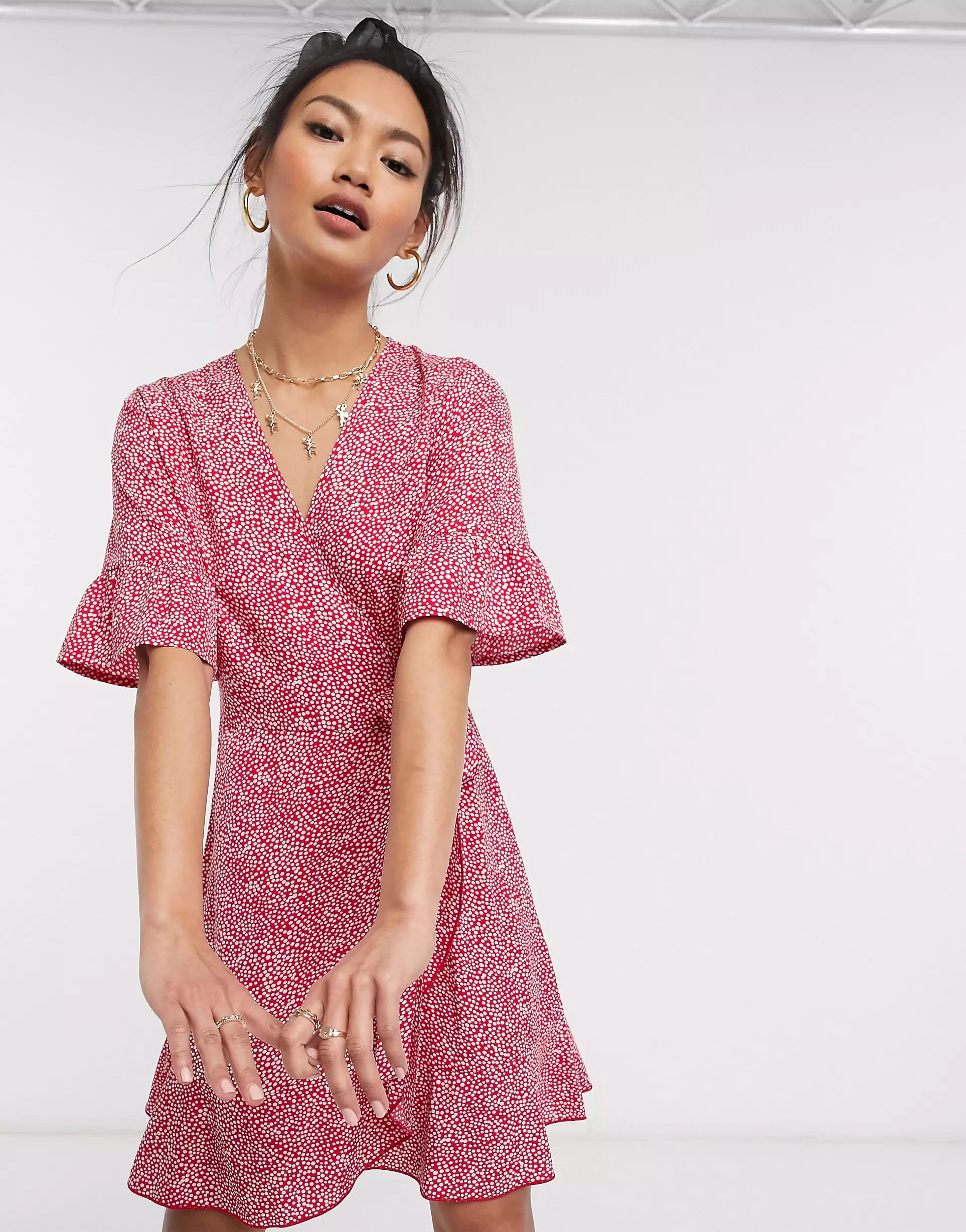 Wednesday's Girl mini wrap dress with frill sleeves in ditsy spot | ASOS (Global)