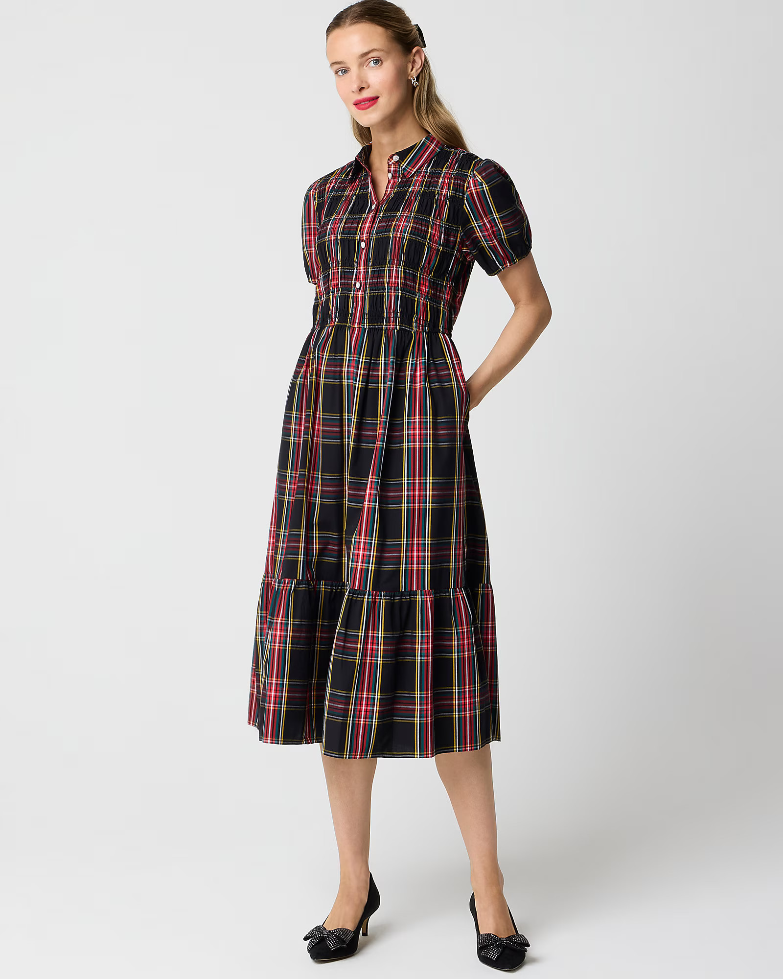 Tartan smocked midi shirt-dress | J.Crew Factory