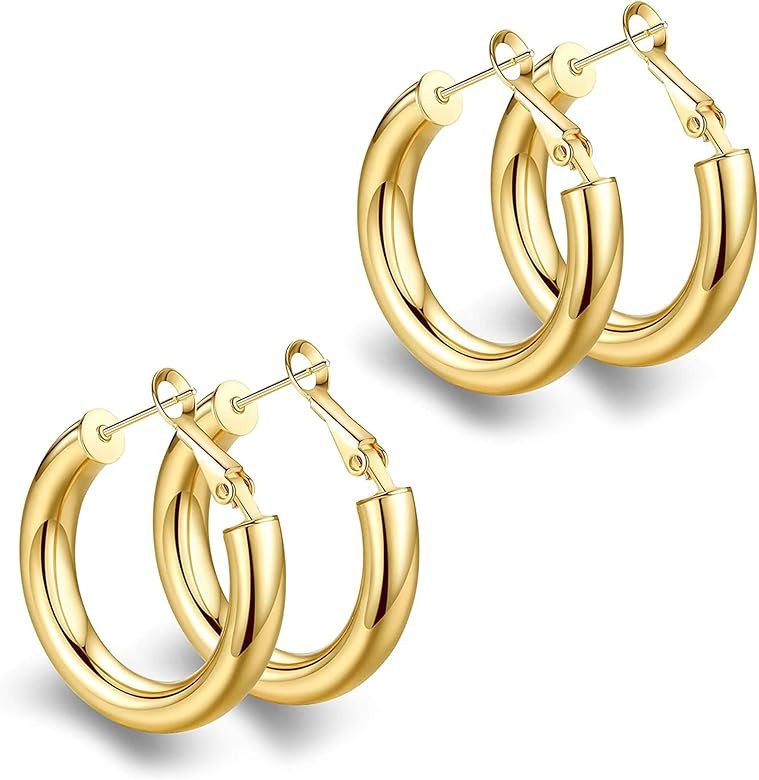 BMMYE 925 Sterling Silver Post Chunky Gold Hoop Earrings, 14K Gold Plated Earrings for Women Ligh... | Amazon (US)