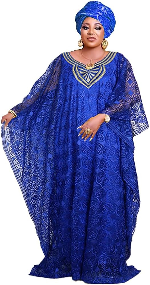 HD Womens African Lace Kaftan Dress Embroidery V Neck Evening Party Gown One Size with Matching H... | Amazon (US)