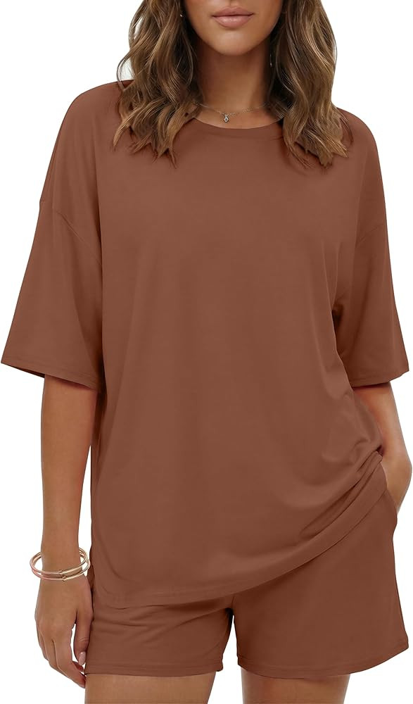 Ekouaer Women's Two Piece Lounge Set Oversized Boxy T-shirt Casual Short Sets Summer Travel Match... | Amazon (US)