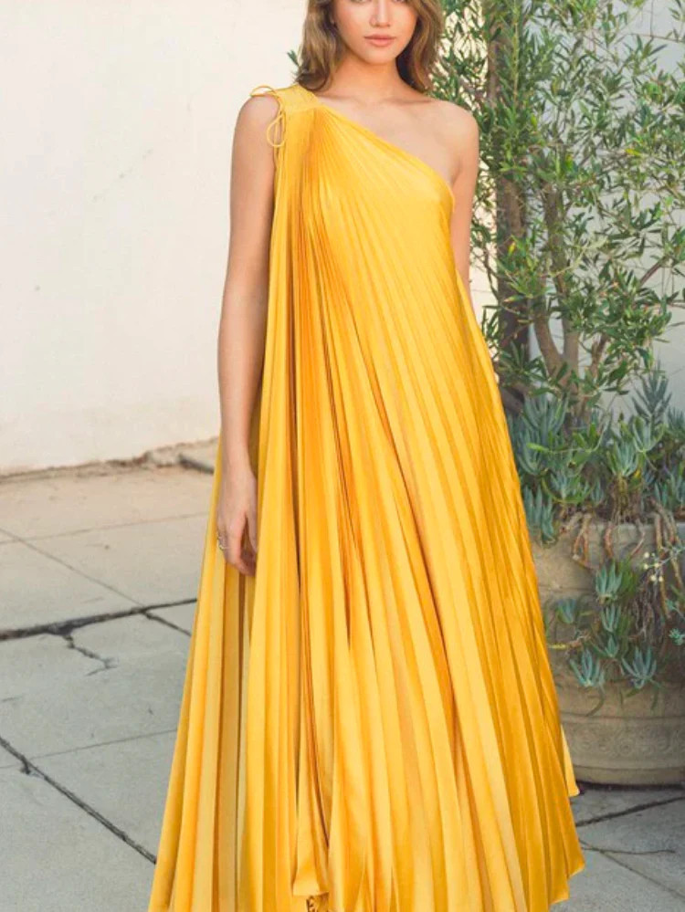 Pretty Pleats One Shoulder Maxi Dress - Saffron | Confête