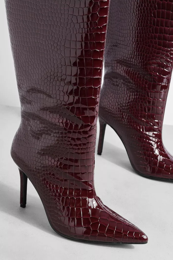 Asymmetric Croc Mid Height Stiletto Knee High Boots | boohoo (US & Canada)