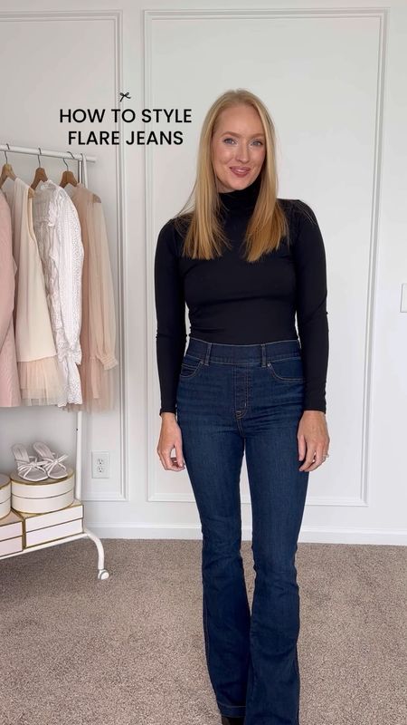 How to style flared jeans! Wearing a size small. These are stretchy with a pull on waist design but hug you in all the right places! 

#LTKworkwear #LTKSeasonal #LTKstyletip