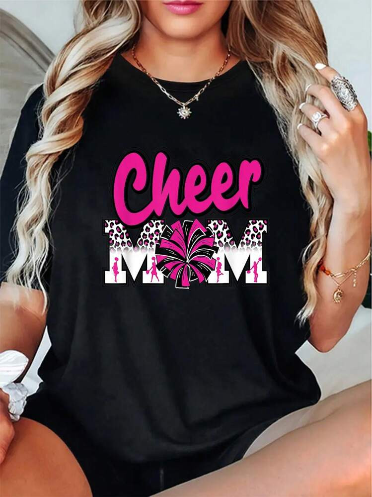 Cheer Mom Hot Pink Black Leopard Letters Cheer Pom Poms T-Shirt Casual Short Sleeve Shirt | SHEIN