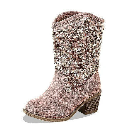 Girls Cowboy Boots Western Glitter Sequin Mid Calf Boots Snip Toe Block Heel Boots Sparkly Cowgirl Boots Light Pink 8-9 Years | Walmart (US)