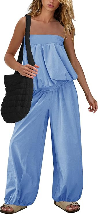 SENSERISE Pants Sets Women 2 Piece Outfits Bubble Off Shoulder Strapless Tube Top Wide Leg Pants ... | Amazon (US)