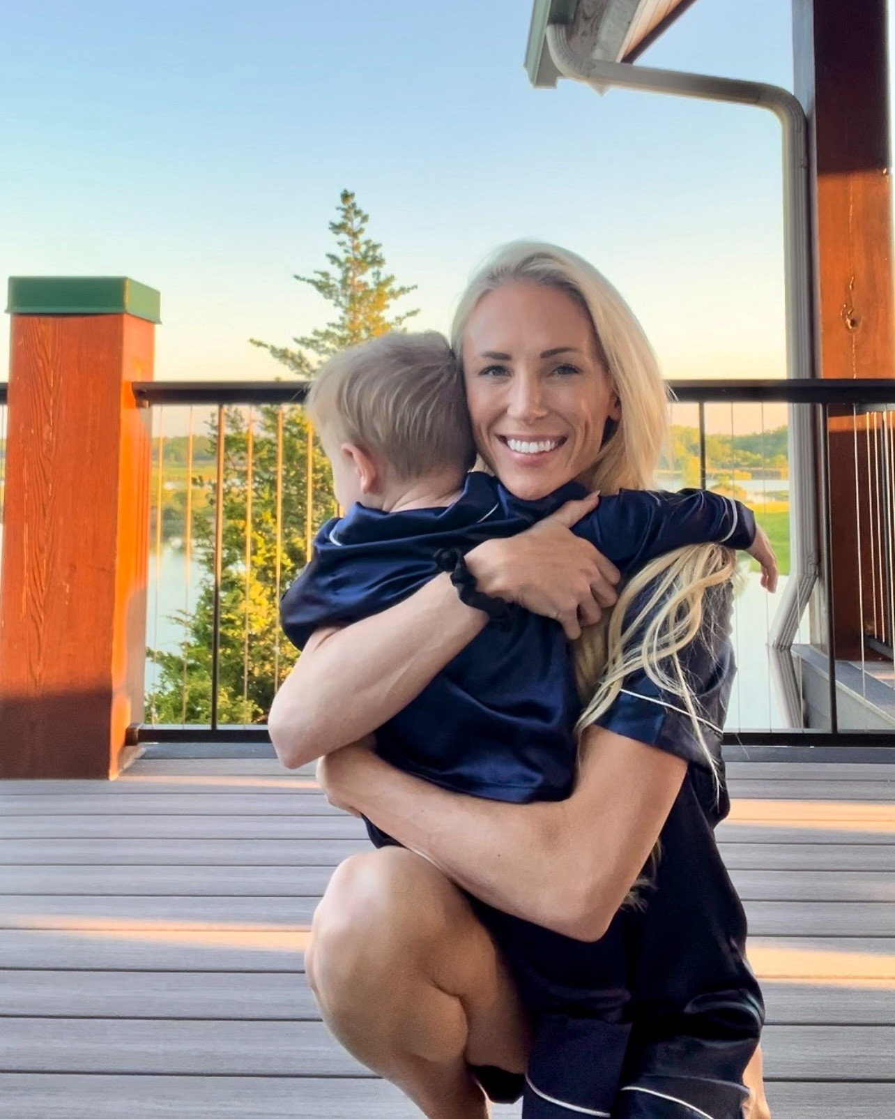 Matching navy silk pajamas. Mommy and me pajamas.