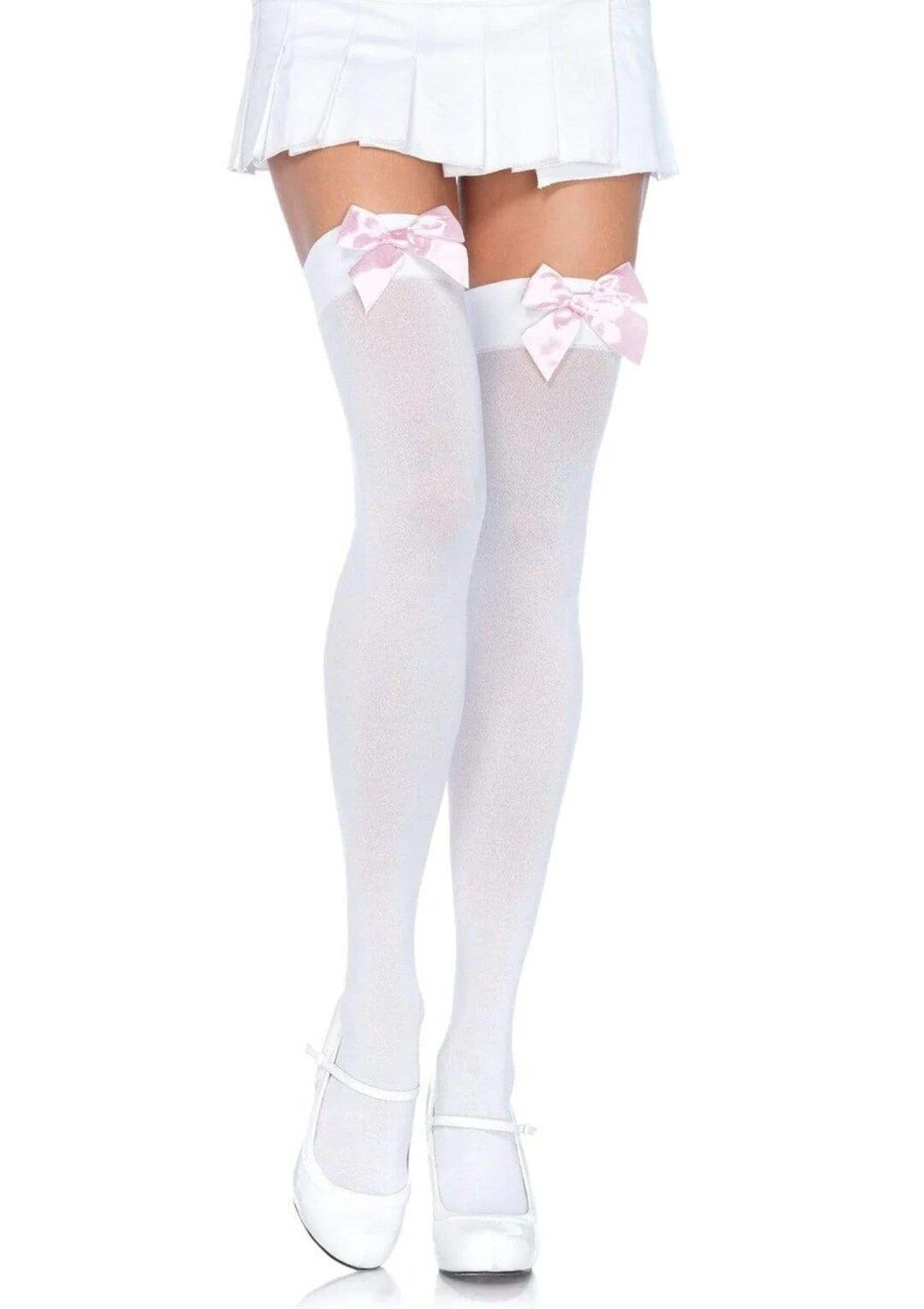 BOW THIGH HIGH Stockings Opaque White With Pink Satin Bows - Etsy | Etsy (US)