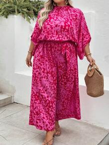 SHEIN CURVE+ Large Summer Animal Print Leopard Print Pink Holiday Women's Stand Up Collar Jumpsui... | SHEIN