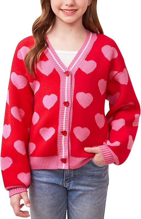 IIMMER Girls Valentine’s Day Heart Print V-Neck Knit Cardigan Red Pink Heart Sweater 6-14 Years | Amazon (US)