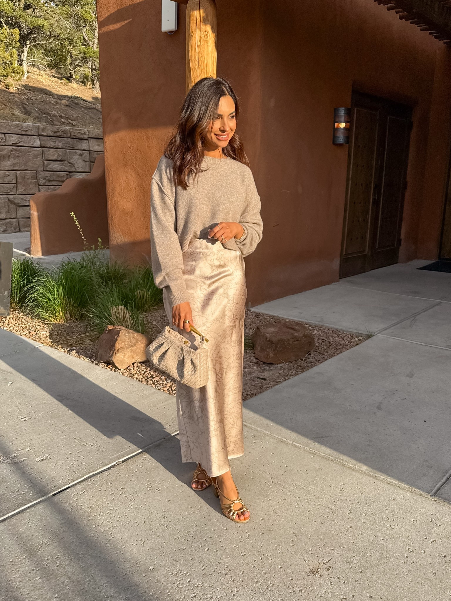 Loved this neutral look for dinner in Santa Fe, it's chilly out so I needed a sweater and this skirt was so comfortable, wearing a 2 and it was a tad big in the waist for ref. Heels are an old favorite and comfortable for walking!

#LTKStyleTip