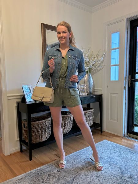 What to wear this spring 

Tied waist green romper with classic denim jacket layered over — both are 50% off for the next couple days!! I wear my normal size in both

Casual spring outfit idea, weekend look

#LTKfindsunder50 #LTKSeasonal #LTKitbag