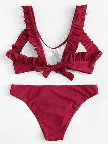 SHEIN Wide Strap Ruffle Top With Ruched Bikini Set | SHEIN