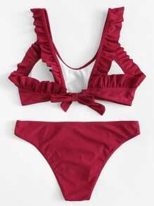 SHEIN Wide Strap Ruffle Top With Ruched Bikini Set | SHEIN