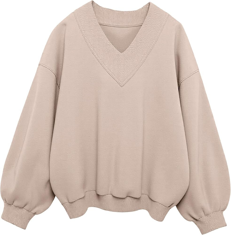 Hilinker Womens V Neck Oversized Sweatshirts Casual Drop Shoulder Long Sleeve Pullover Tops | Amazon (US)