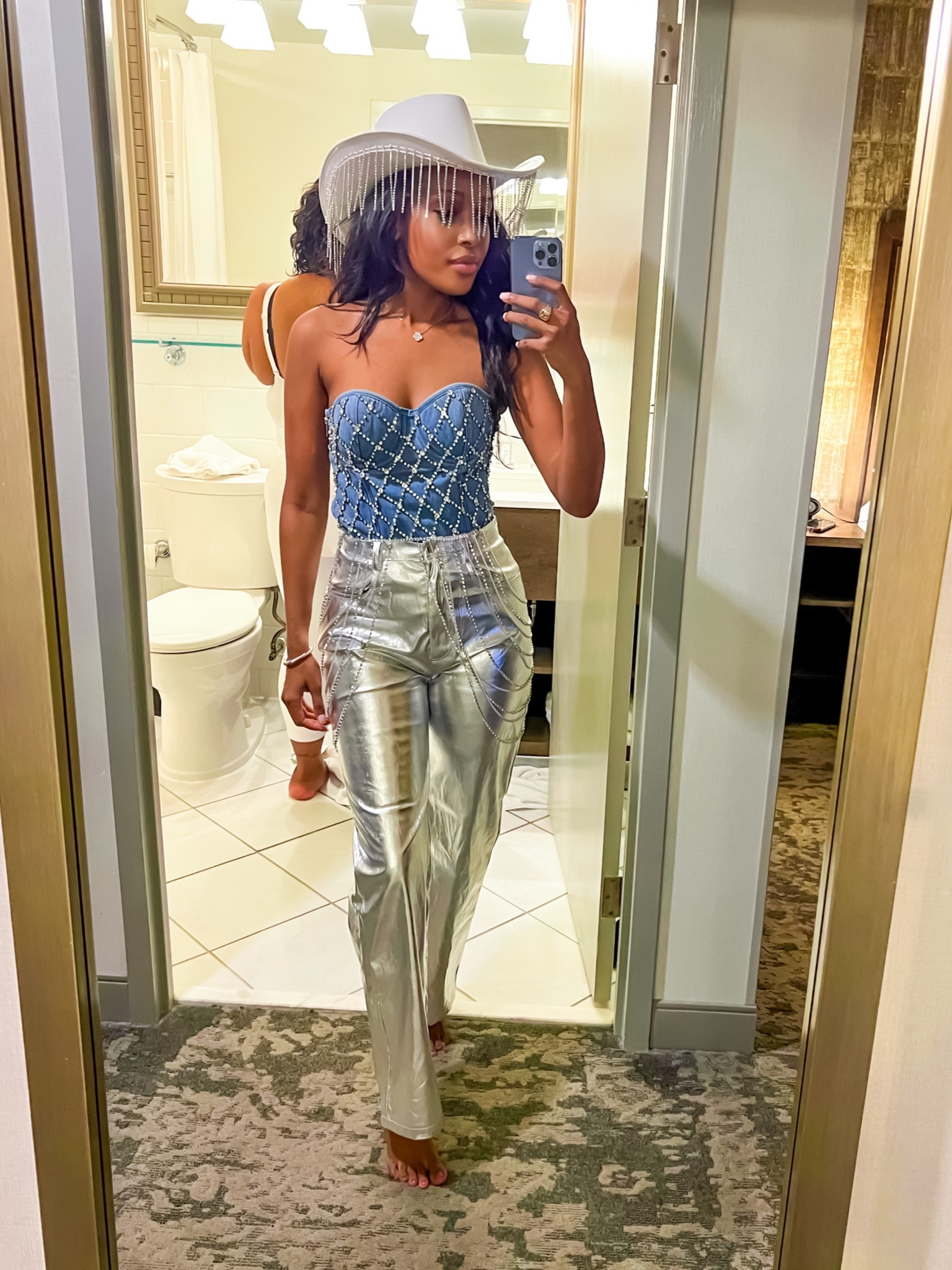 Denim corset! Rhinestone shirt and silver pants. Loved this combo! Metallic silver pants and chain belt! 

#LTKfindsunder50 #LTKparties #LTKMostLoved