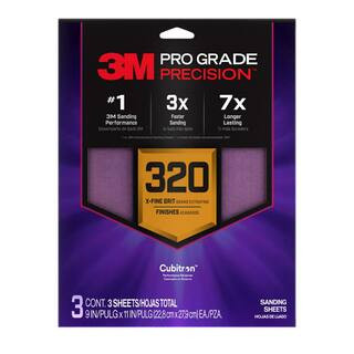 Pro Grade Precision 9 in. x 11 in. 320 Grit Faster Sanding Sheet With No-Slip Grip Backing (3-Pac... | The Home Depot