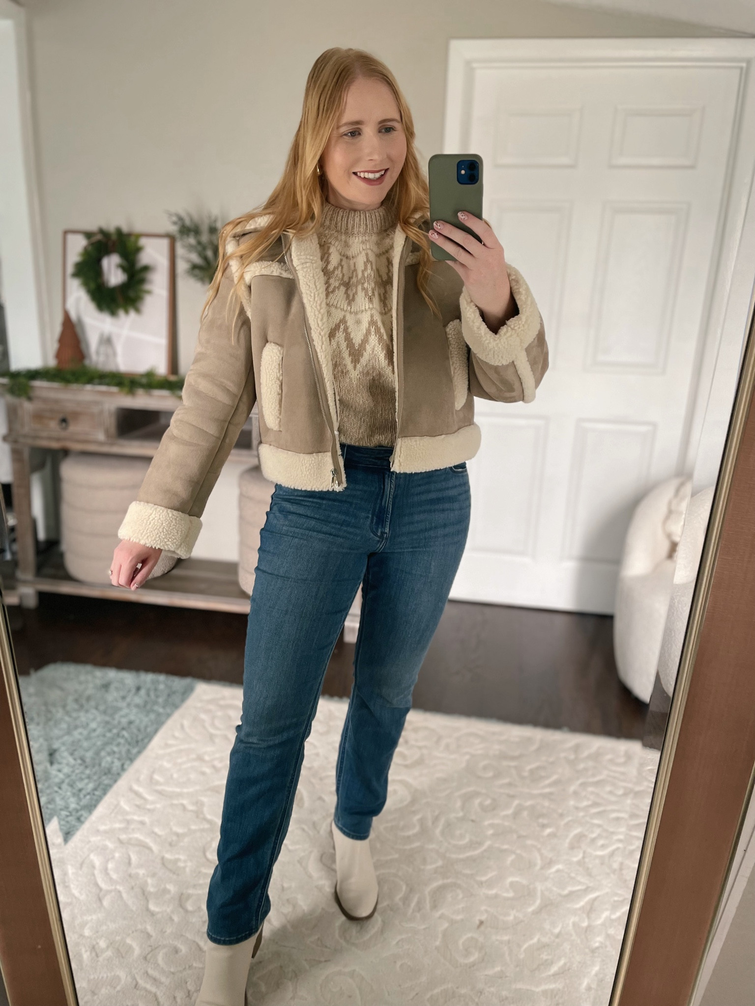 Bomber jacket with a fair isle sweater winter outfit idea, Affordable by Amanda, bomber jacket, fair isle sweater, Christmas sweater 

#LTKmidsize #LTKfindsunder50 #LTKSeasonal