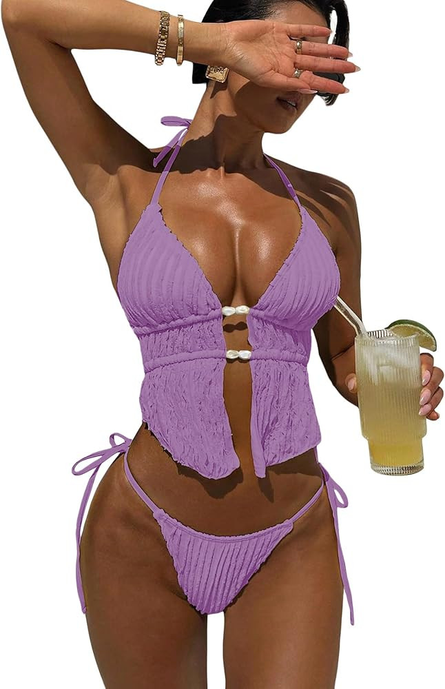 Women's 2 Piece Beaded Tankini Sets Halter Swimsuits Textured Backless Tie Side Bathing Suit | Amazon (US)