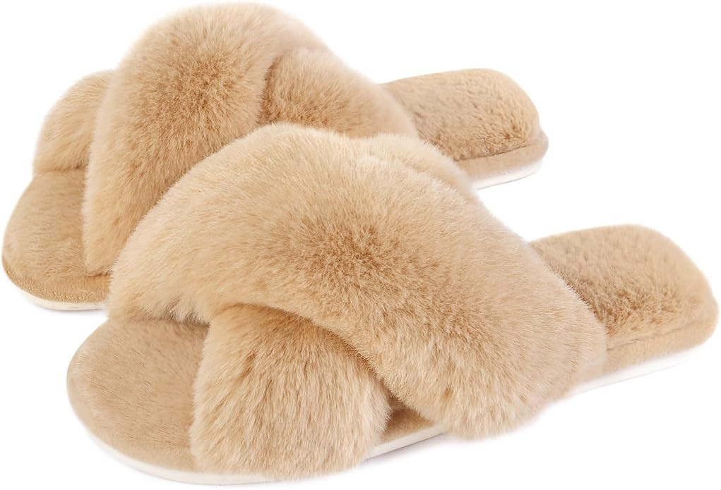 Womens Cross Band Slippers Cozy Furry Fuzzy House Slippers Open Toe Fluffy Indoor Shoes Outdoor S... | Amazon (US)