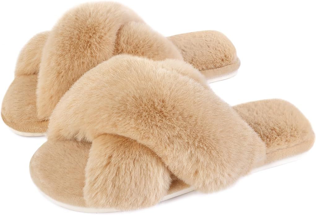 Womens Cross Band Slippers Cozy Furry Fuzzy House Slippers Open Toe Fluffy Indoor Shoes Outdoor S... | Amazon (US)
