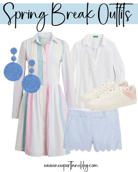 Spring break outfit, spring outfit, vacation outfit, spring dress, scallop shorts, beaded earrings, sneakers, JCrew, JCrew Factory, pink and white 



#LTKstyletip #LTKsalealert #LTKFind