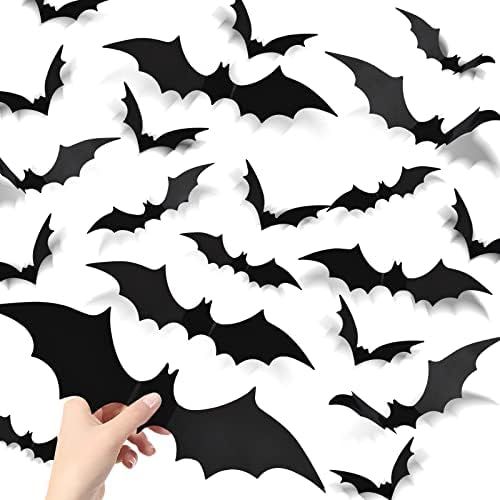 120Pcs Halloween 3D Bats Wall Stickers, 3 Different Large Sizes 2 Styles Wall Decorations, Hallow... | Amazon (US)