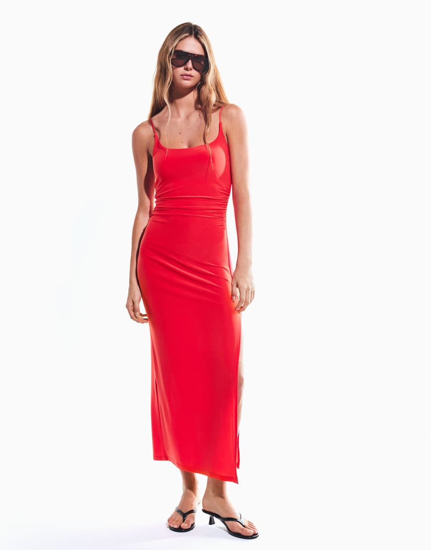 Bershka Gathered strap midi dress in coral-Orange | ASOS (Global)