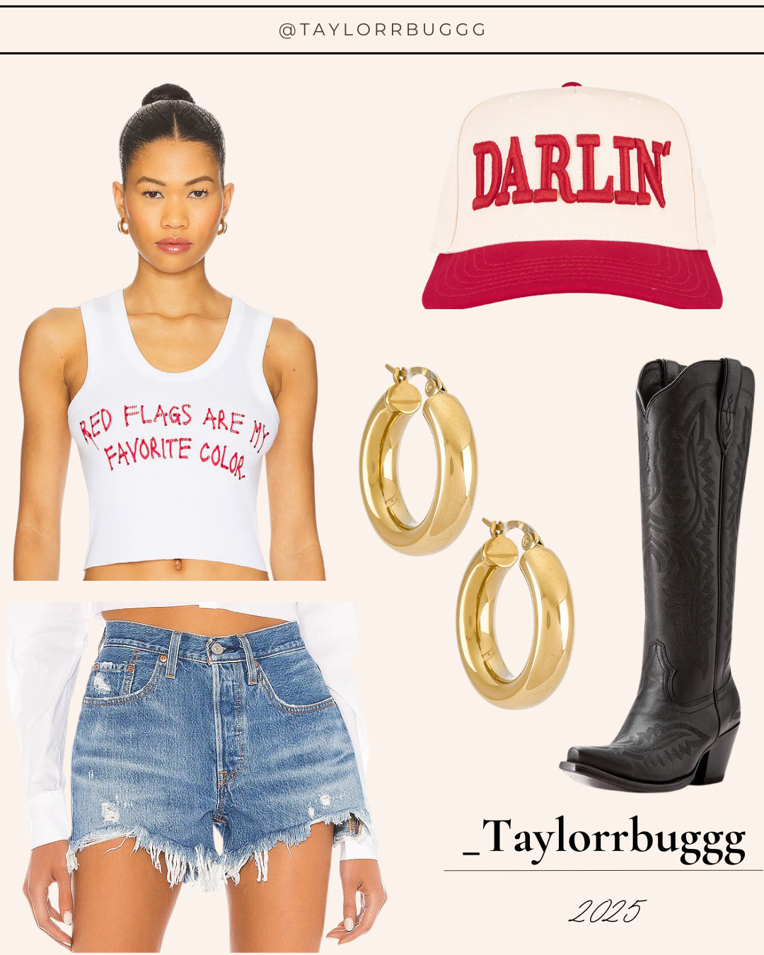  🤠✨ The ultimate concert outfit inspo is here! Whether you’re heading to a country concert, rodeo, or girls’ night out, this look has all the western-meets-trendy vibes:

🧢 Graphic trucker hat, statement crop top, denim cut-off shorts, & gold hoop earrings – all from Revolve 💋
👢 Classic Ariat cowboy boots – the perfect mix of style + comfort for dancing all night long

This western concert outfit is flirty, fun, and perfect for summer festivals or your next night out.

 