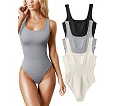 OQQ Women's 3 Piece Bodysuits Sexy Ribbed Sleeveless Square Neck Sleeveless Tank Tops Bodysuits | Amazon (US)