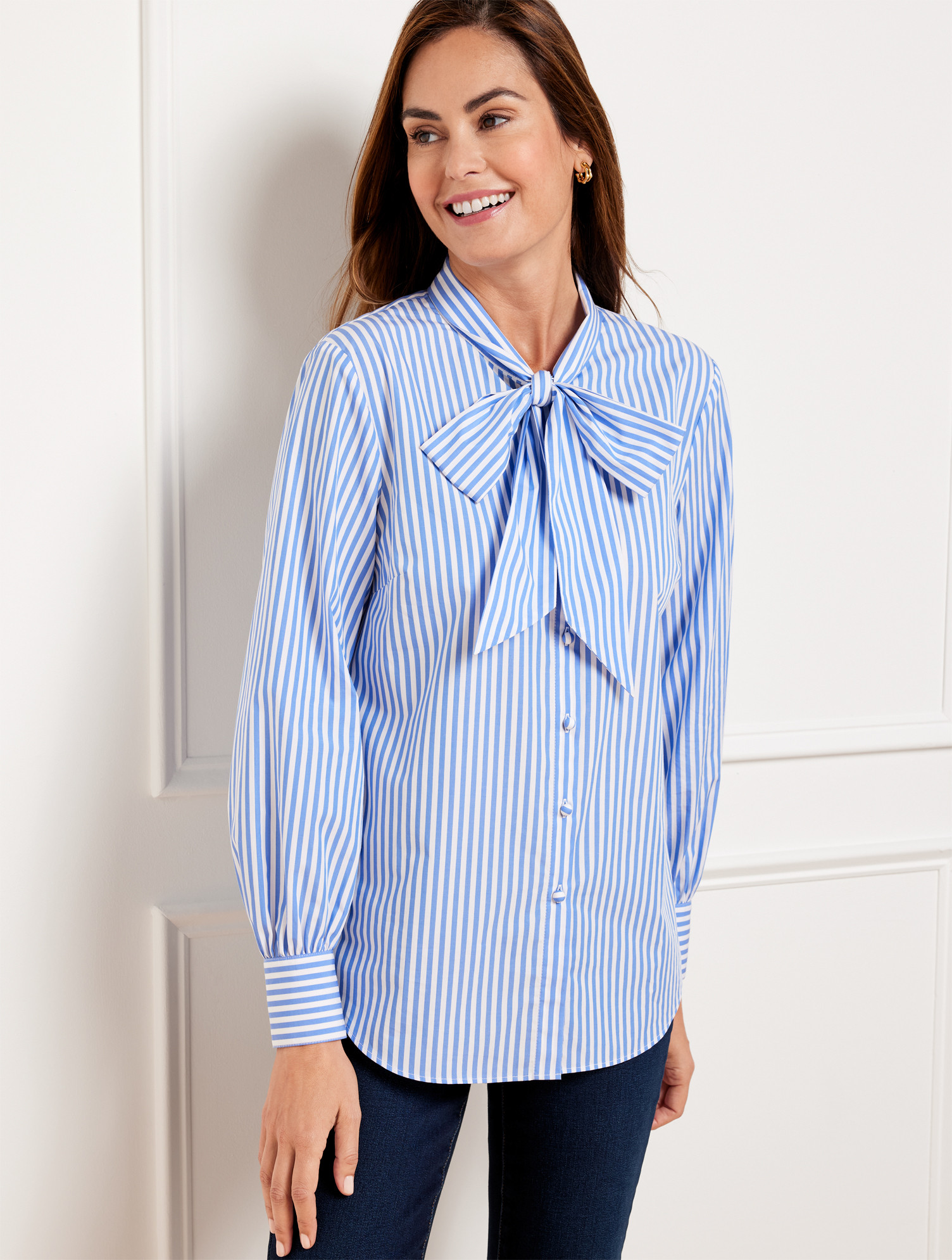 Tie Neck Top - Opulent Stripe - White - Medium - 100% Cotton Talbots | Talbots
