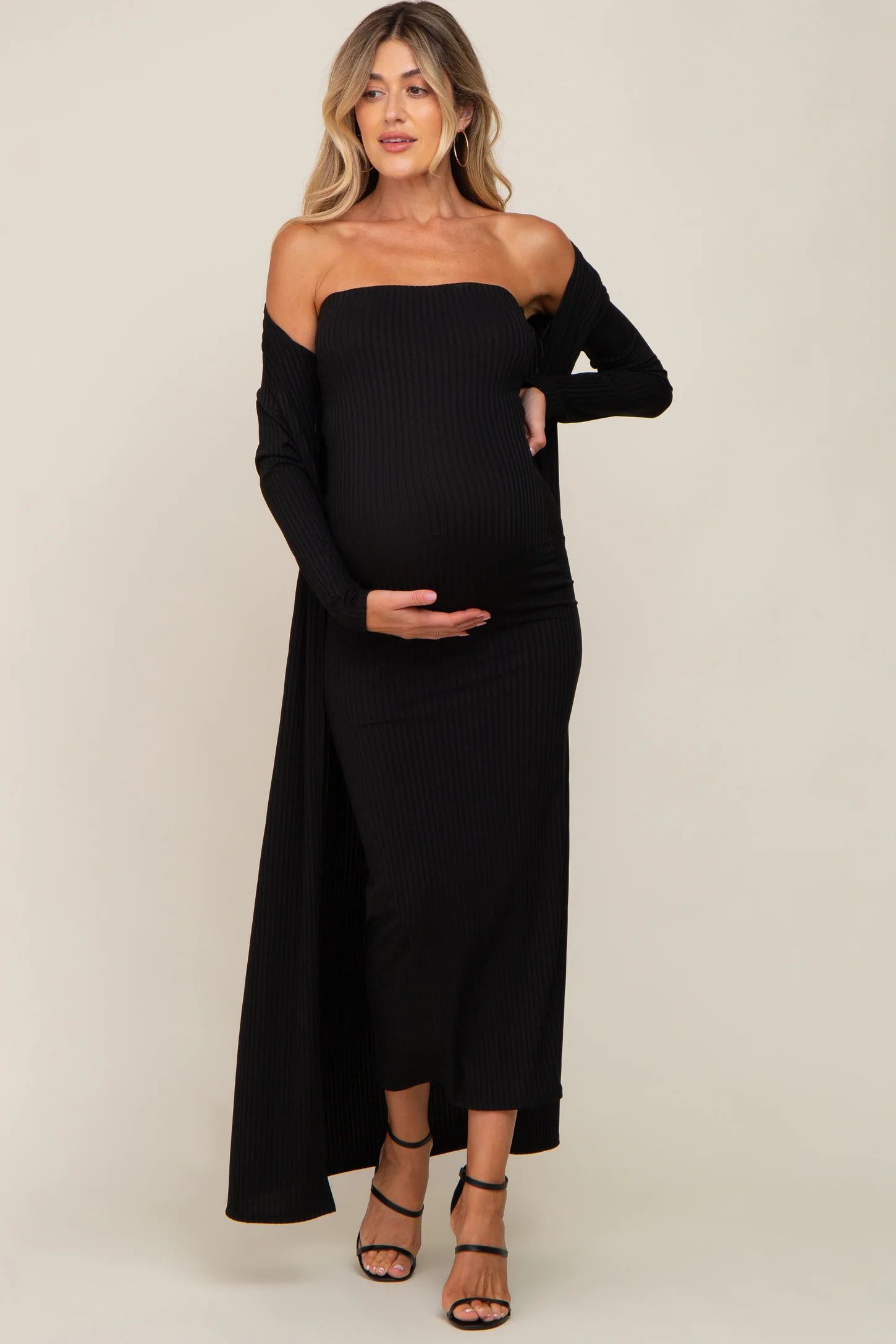 Black Ribbed Sleeveless Dress Cardigan Maternity Set | PinkBlush Maternity