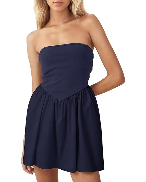Women Strapless Tube Top Mini Dress Off Shoulder Sleeveless Casual Summer Patchwork Drop-Waist A-... | Amazon (US)