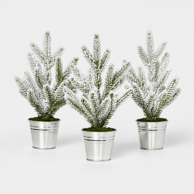 3pc Flocked Mini Tree in Galvanized Metal Bucket Silver - Wondershop™ | Target