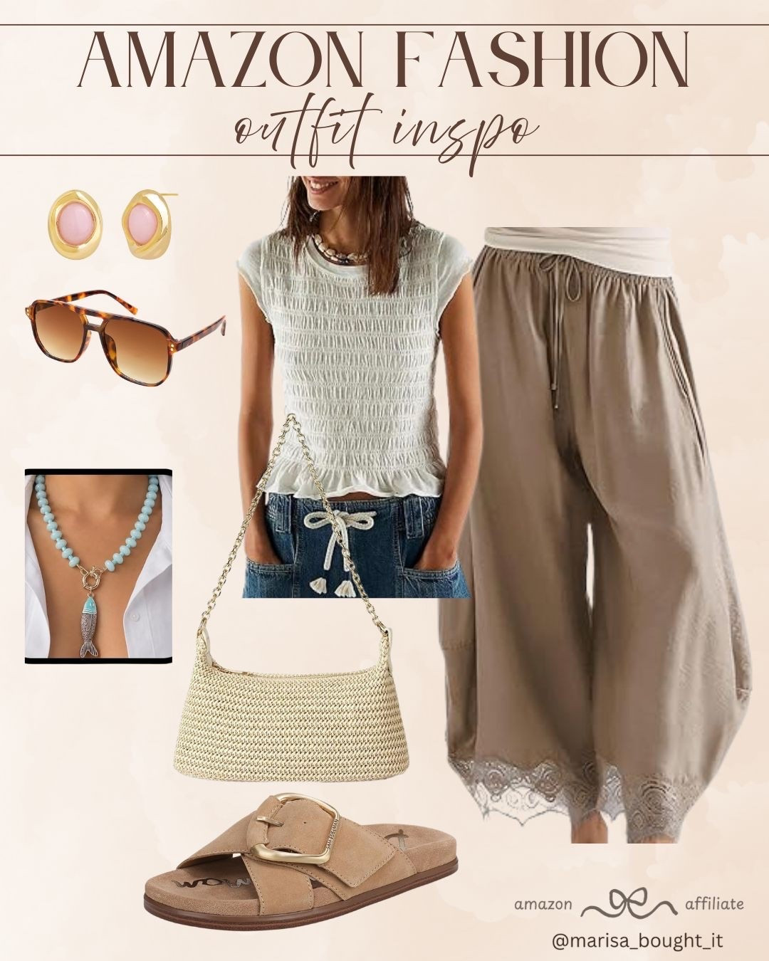 I styled the perfect boho-chic look featuring a smocked ruffle top paired with flowing, lace-trimmed wide-leg trousers. It creates such a relaxed yet beautifully detailed silhouette for warmer days. ☀️

I rounded out this styling with a woven shoulder bag, comfortable slide sandals, tortoiseshell sunglasses, pink stud earrings, and a fun turquoise fish charm necklace.

#liketk #ltkstyletip #ltkunder50 #ltksummer #amazonfashion #amazonfinds #bohostyle #casualootd #summerstyle #widelegpants #everydaylook #vacationfashion

#LTKootd #LTKSeasonal
