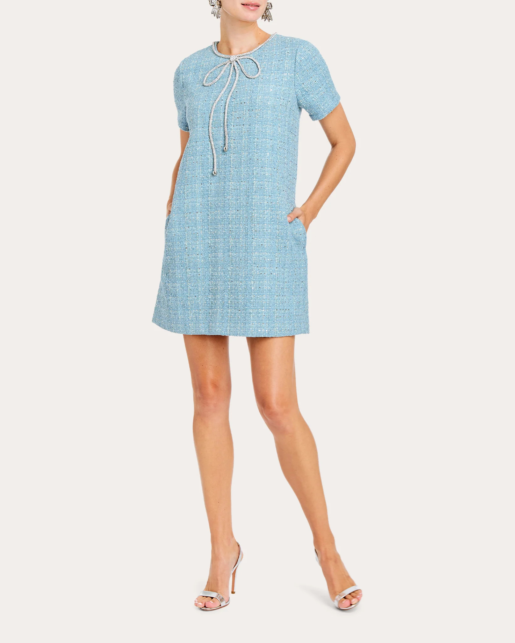 Mestiza Women's Ainslee Embellished Metallic Tweed Mini Dress in Periwinkle Wool/Polyester | Olivela