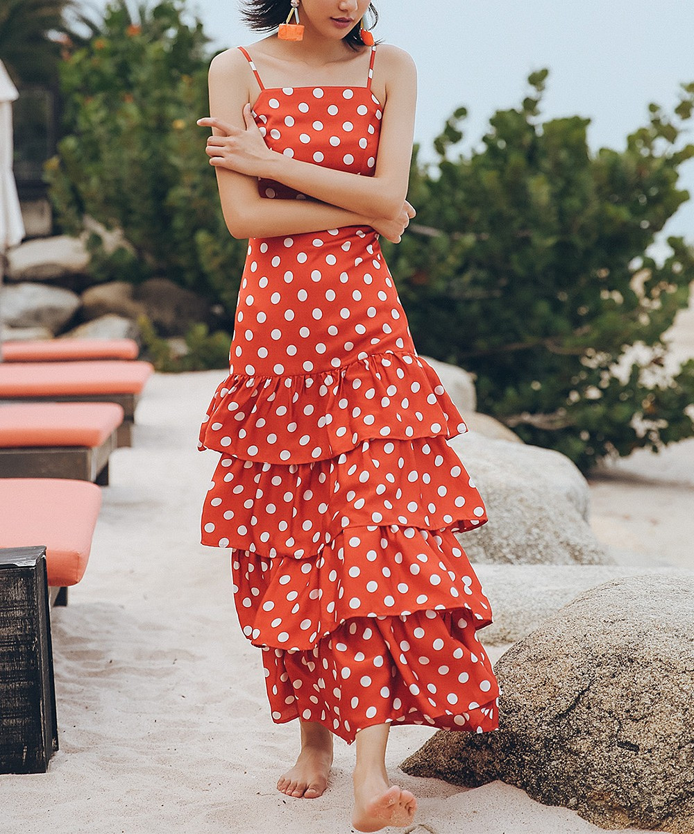 Red Polka Dot Tiered-Hem Maxi Dress - Women | Zulily