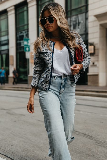 SINCERELYKARIN for 20% off everything sitewide. Pieces that are under $100 and elevate your every day look. Tweed jacket bootcut jeans white tee 

#LTKfindsunder100 #LTKfindsunder50