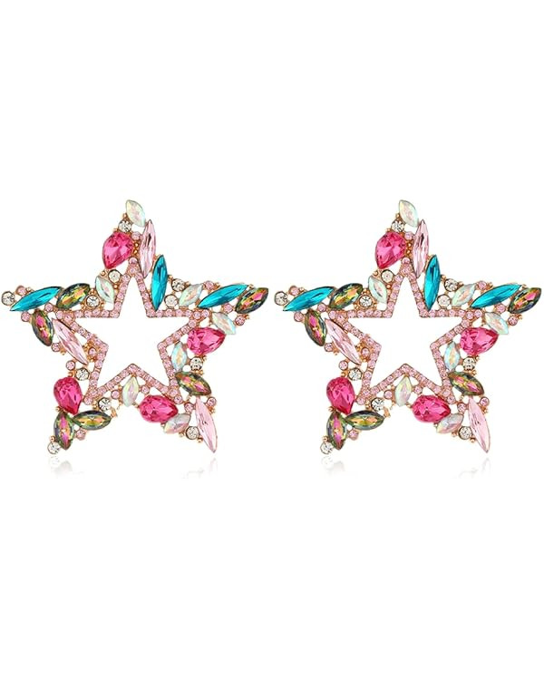 Chunky Star Sparkly Rhinestone Earrings Colorful Crystal Exaggerate Big Star Drop Earings Birthda... | Amazon (US)