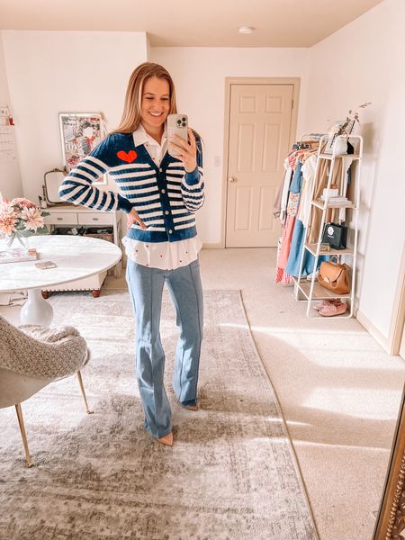 Valentine’s Day outfit for the office: heart striped sweater, button down and flare pants for work 

#LTKunder50 #LTKsalealert #LTKworkwear