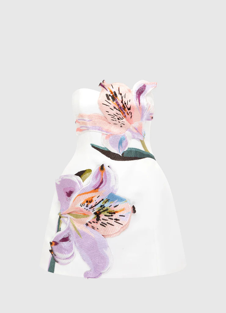 Rosario Appliqué Floral Bustier Mini Dress - Lily Print in Snow | LEO LIN