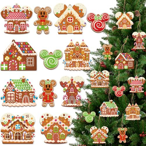 Gingerbread House Ornaments Christmas Tree Decoration, 24pcs Christmas Wooden Hanging Ornaments Gingerbread House Mouse for Holiday Xmas Tree Home Decor | Amazon (US)