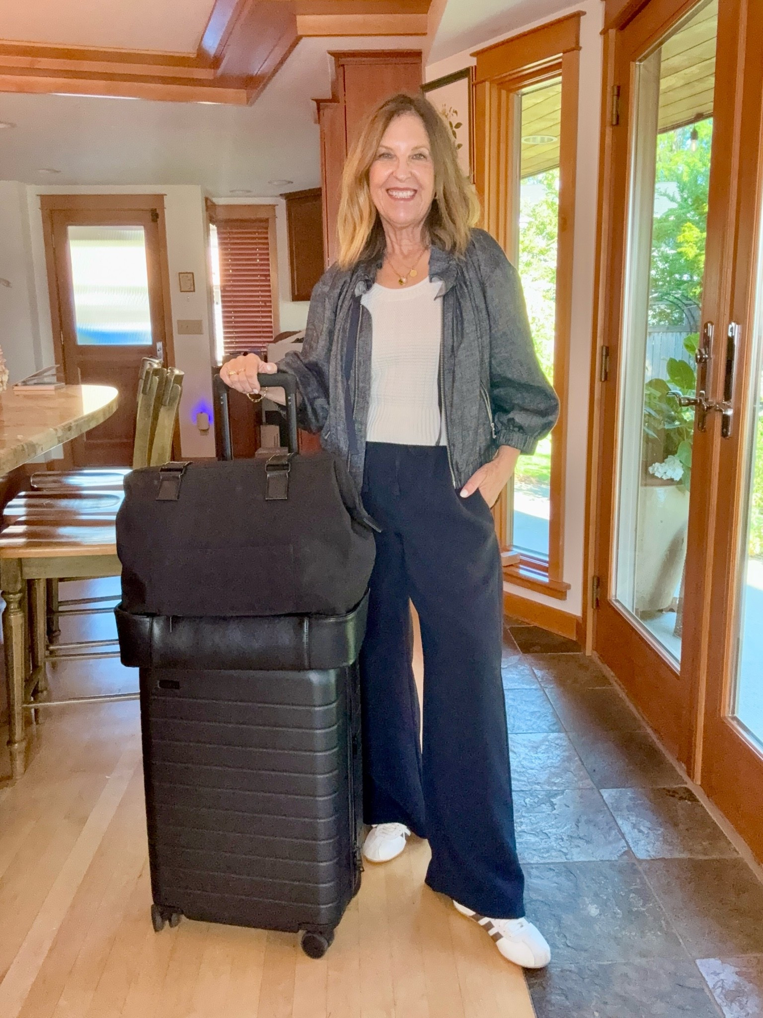 Travel outfit! 
Aritzia lodge pant - reg small
Quince textured tank - XS
Cinq a sept jacket - Xs
Shoes - run big, size down.

#LTKOver40 #LTKSaleAlert #LTKTravel