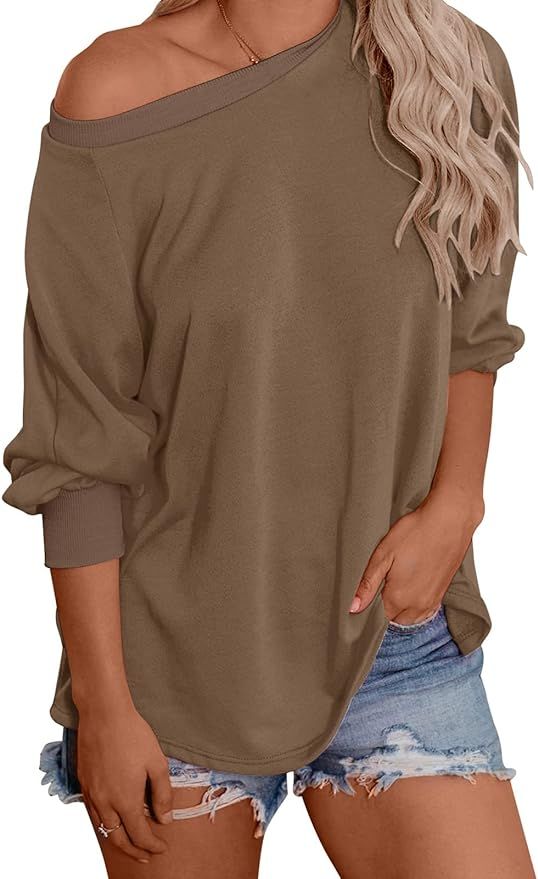 ADREAMLY Women Long Sleeve Crew Neck Shirts Off Shoulder Top Oversized Sweatshirts Pullover | Amazon (US)
