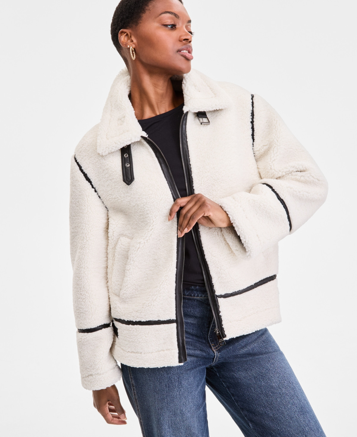 Steve Madden Women's Faux-Sherpa Faux-Leather-Trim Coat - Cream | Macy's
