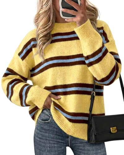 Cicy Bell Womens Striped Pullover Sweater Color Block Casual Loose Knit Top | Amazon (US)