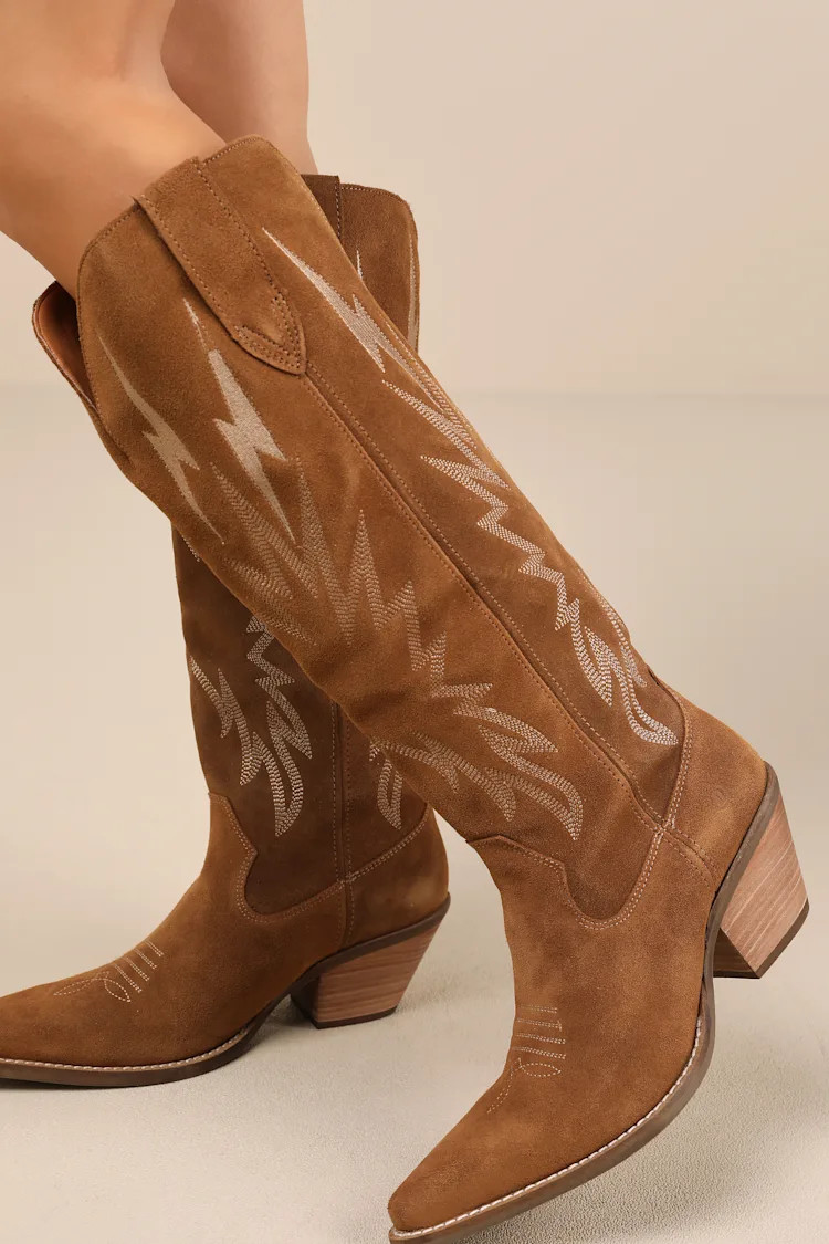 Thunder Road Camel Suede Leather Knee-High Western Boots | Lulus